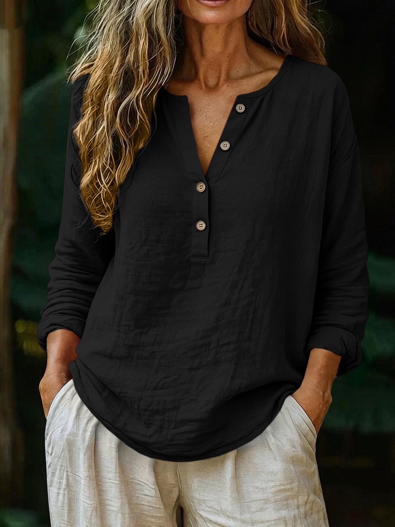 Casual Solid Color Cotton-Linen Long-Sleeve Half-Placket V-Neck