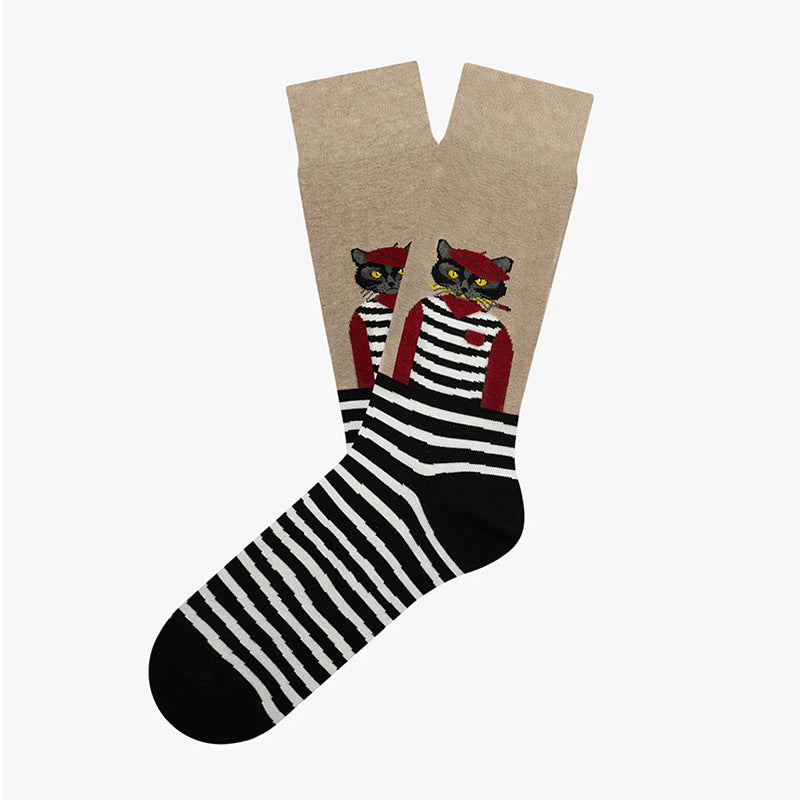 Cartoon Animal Cat Jacquard Trendy Socks Unisex Couple Cotton Mid-Calf Socks
