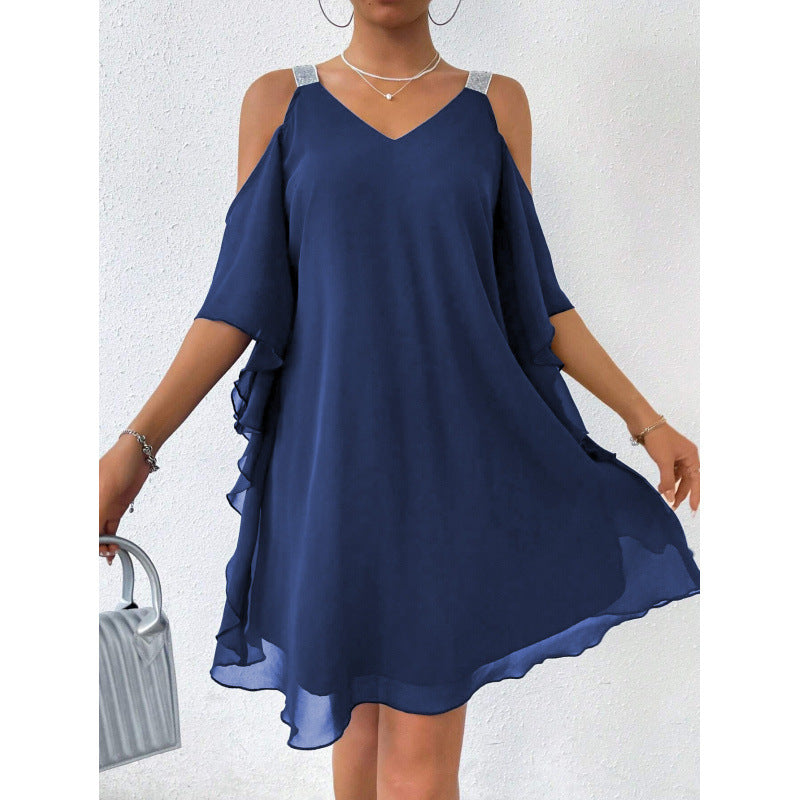 Solid-color V-neck Elegant European And American-style Dress