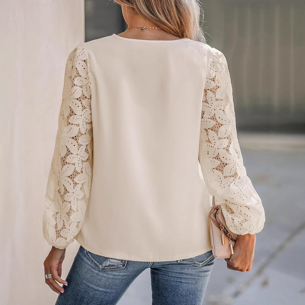 New Womens V-Neck Wave-Pattern Floral Lace Long-Sleeve Shirt
