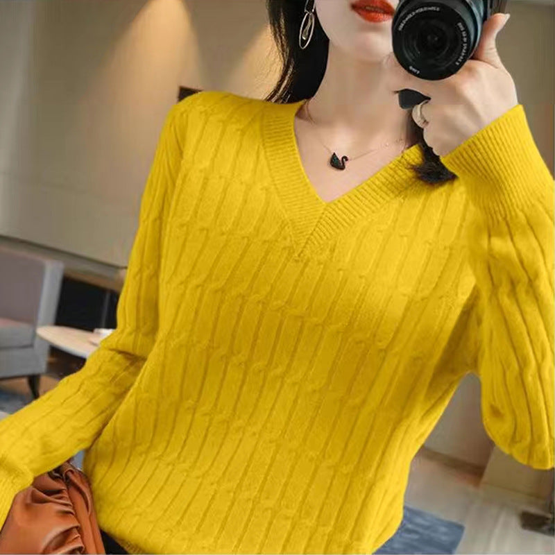 Women's AutumnWinter New V-Neck Solid Color Long-Sleeve Base Shirt