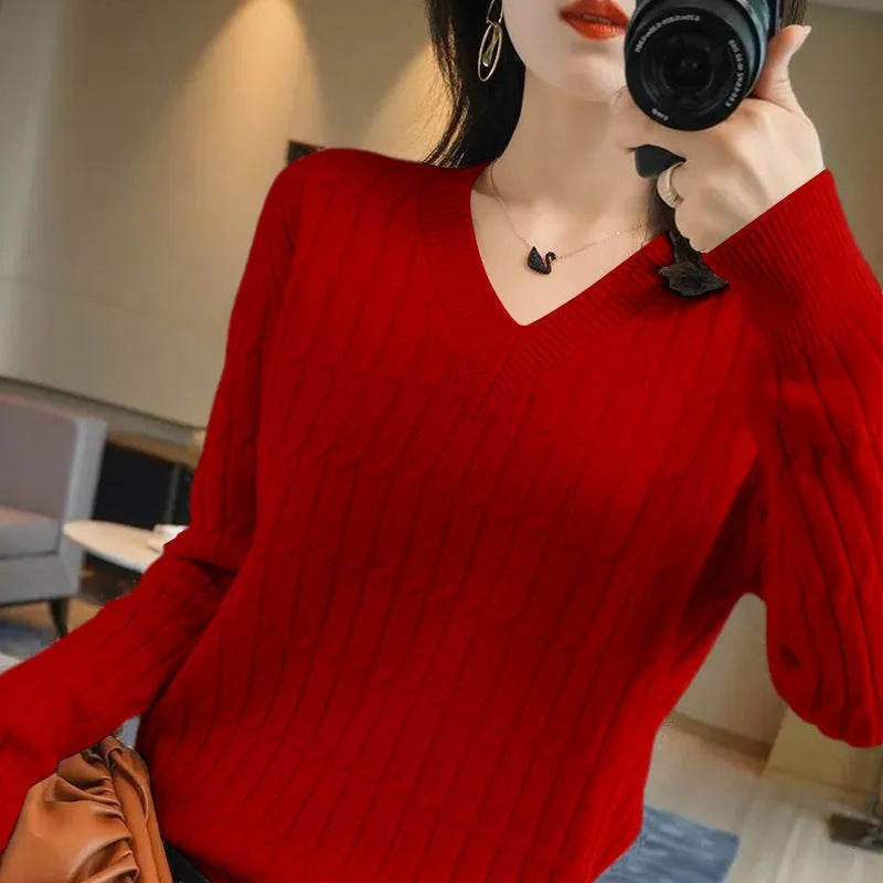 Women's AutumnWinter New V-Neck Solid Color Long-Sleeve Base Shirt