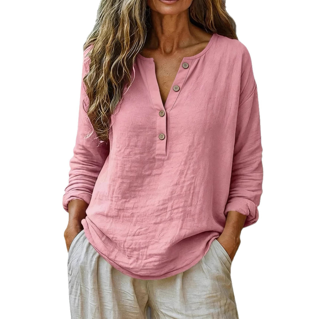 Casual Solid Color Cotton-Linen Long-Sleeve Half-Placket V-Neck