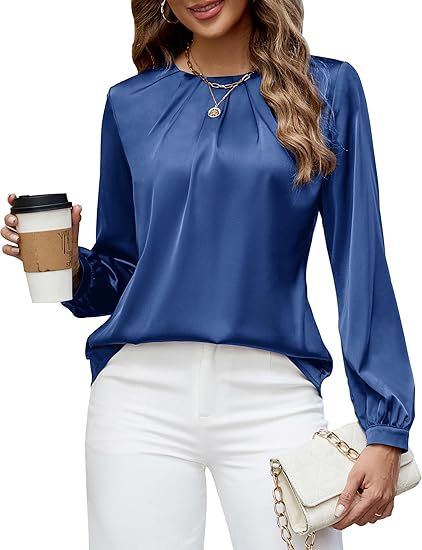 Womens Casual Pleated Long-Sleeve Top Satin Crew-Neck Shirt