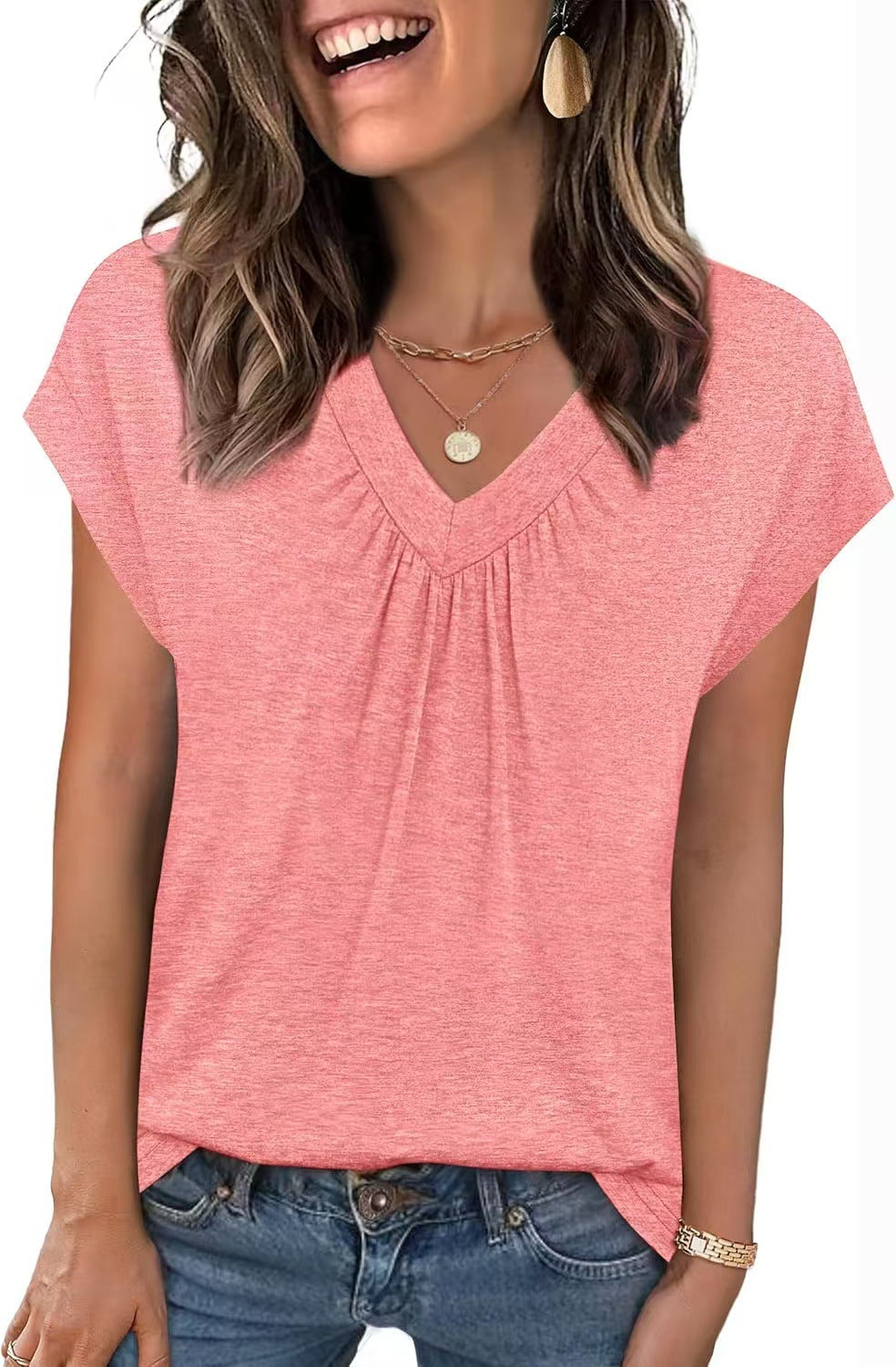 SpringSummer New Solid Color V-Neck Loose Short-Sleeve T-Shirt Top For Women