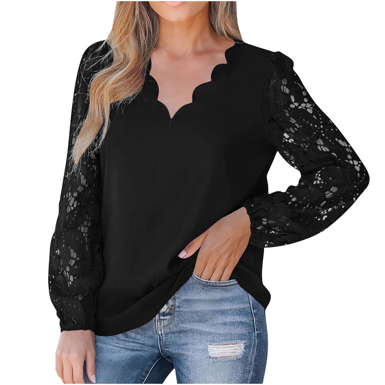 New Womens V-Neck Wave-Pattern Floral Lace Long-Sleeve Shirt