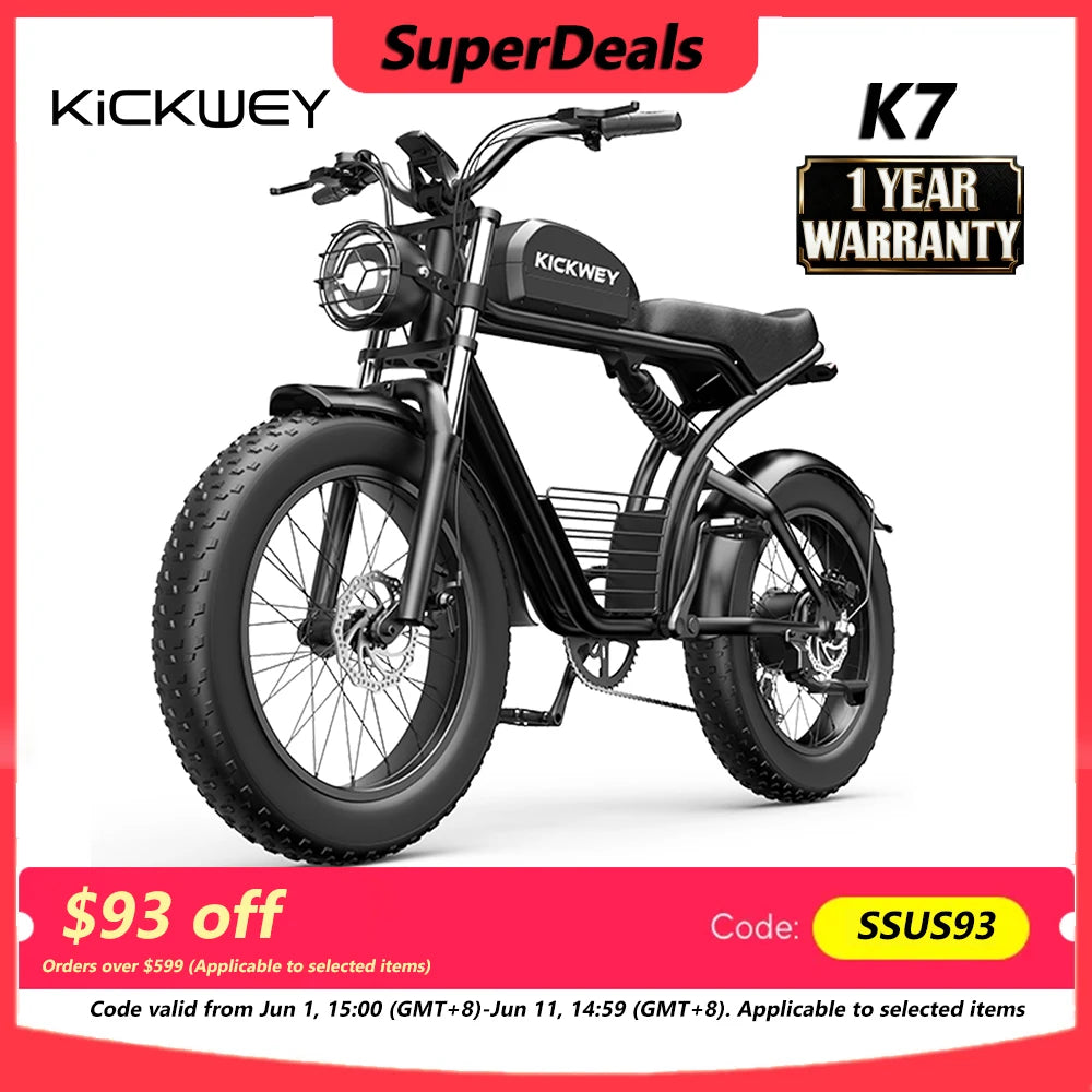 Kickwey K7 Adult Off-Road Ebike 1500W 7-Speed Electric Mountain Bicycle 48V 23Ah 20"X4" Fat Tire Electric Dirt Bike