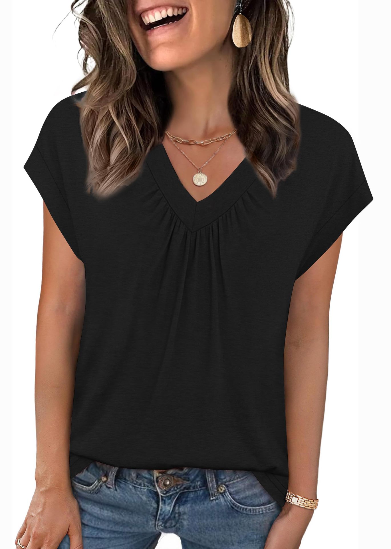 SpringSummer New Solid Color V-Neck Loose Short-Sleeve T-Shirt Top For Women