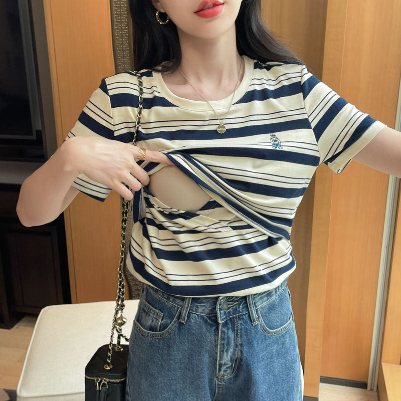 Pure Cotton Striped Postpartum Skin-Friendly Versatile Nursing Shirt