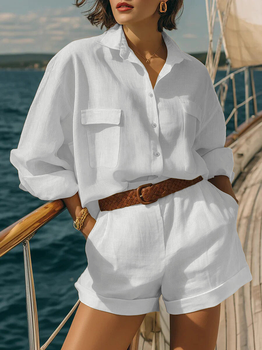 Cotton-linen Loose-fit Button-down Shirt And Shorts Fashion Casual Set