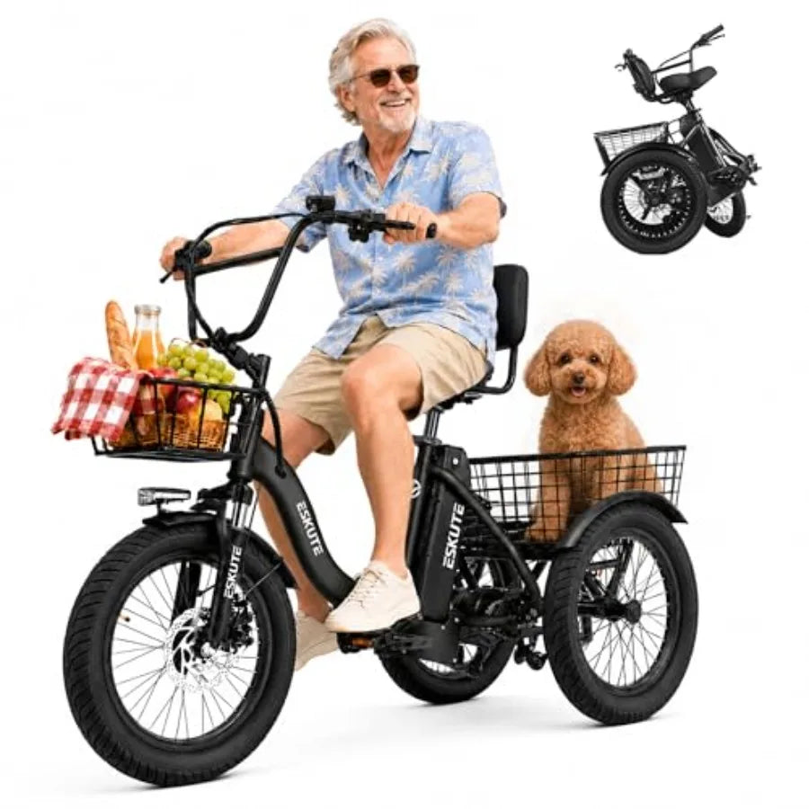 Adults electric trike bike for urban commuting and leisure rides, aluminum alloy frame, black color, 1200W peak motor with 624W