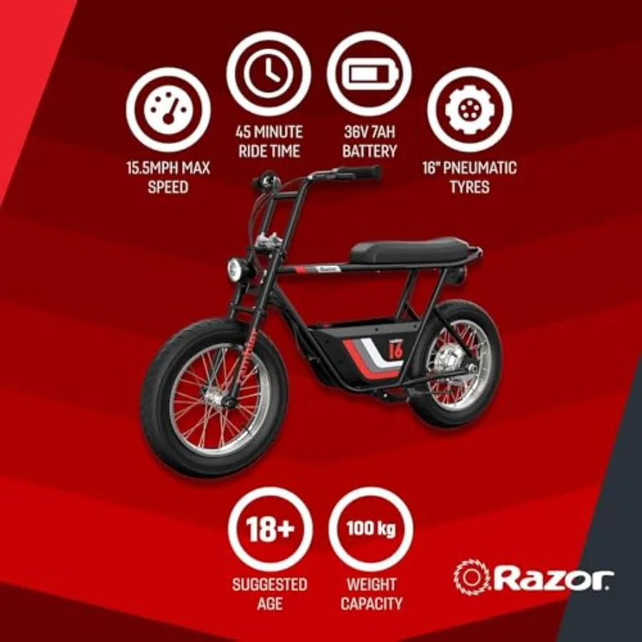 Electric bike for teens and adults, aluminum frame, black, 350W motor with 16-inch tires and 36V battery for up to 15.5 MPH spe