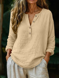 Casual Solid Color Cotton-Linen Long-Sleeve Half-Placket V-Neck