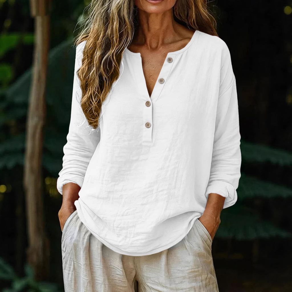 Casual Solid Color Cotton-Linen Long-Sleeve Half-Placket V-Neck
