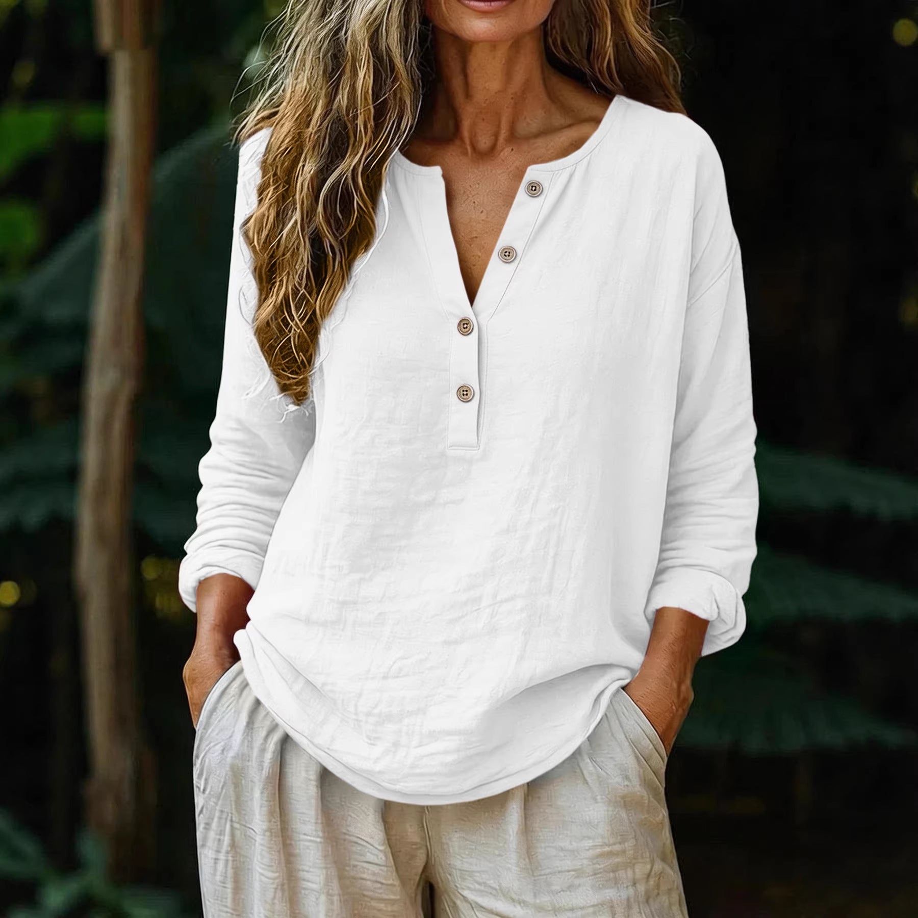 Casual Solid Color Cotton-Linen Long-Sleeve Half-Placket V-Neck
