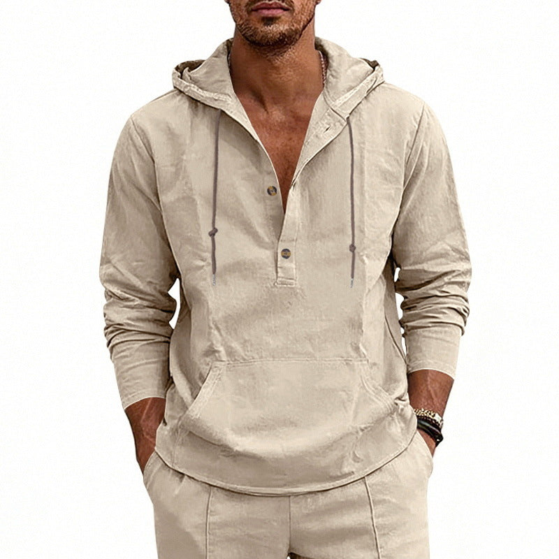 Linen Breathable Casual Mens Long-Sleeve Hooded Shirt