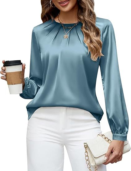 Womens Casual Pleated Long-Sleeve Top Satin Crew-Neck Shirt