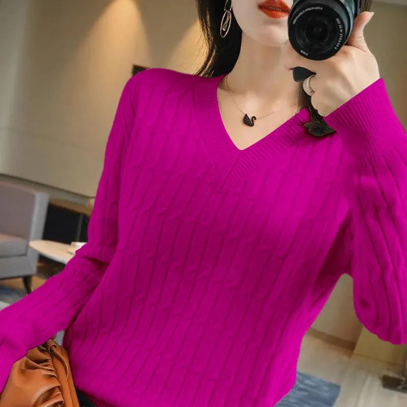Women's AutumnWinter New V-Neck Solid Color Long-Sleeve Base Shirt
