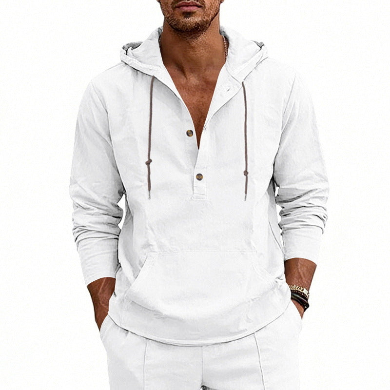 Linen Breathable Casual Mens Long-Sleeve Hooded Shirt