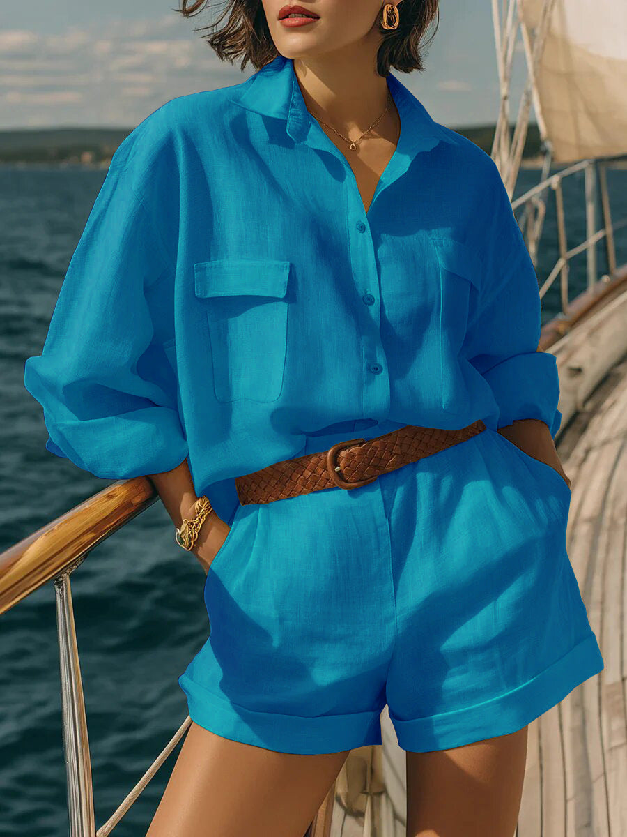Cotton-linen Loose-fit Button-down Shirt And Shorts Fashion Casual Set