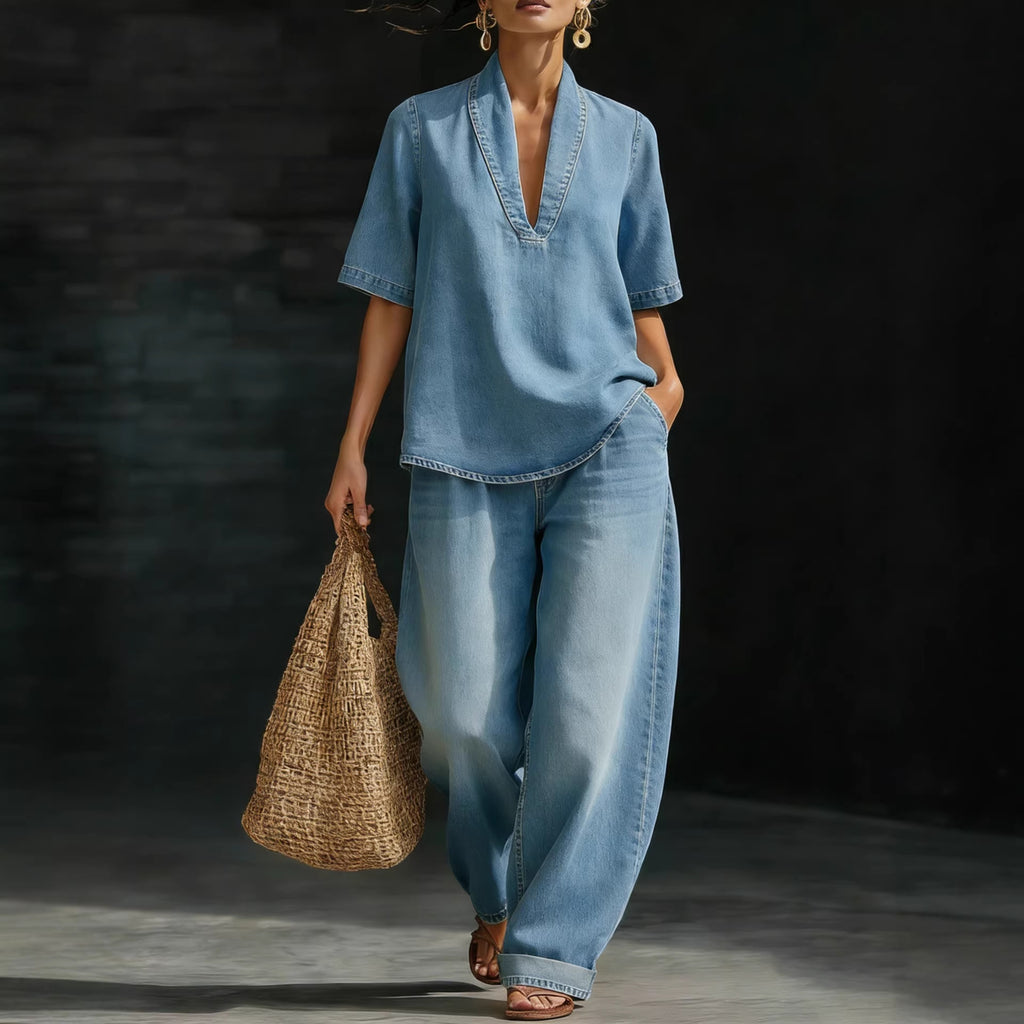 Women's Casual Retro Denim Pants Set