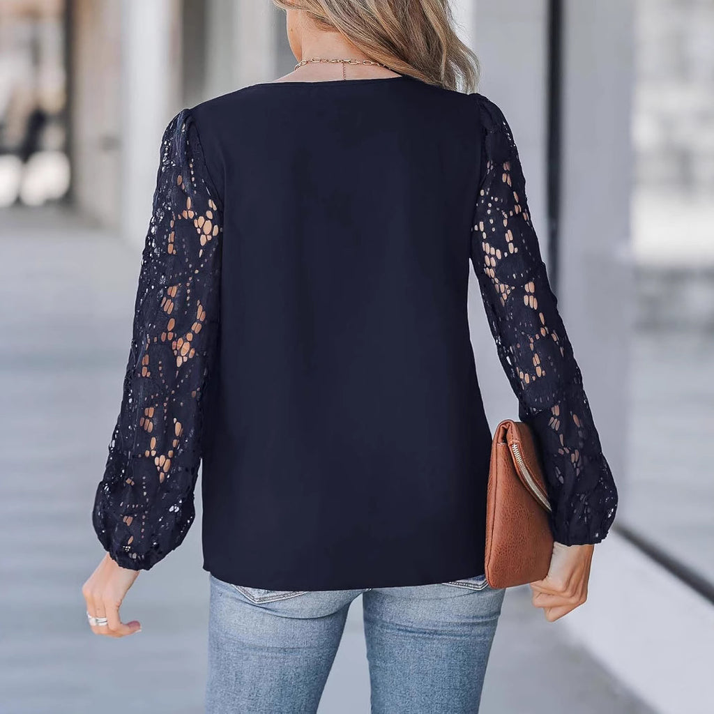 New Womens V-Neck Wave-Pattern Floral Lace Long-Sleeve Shirt
