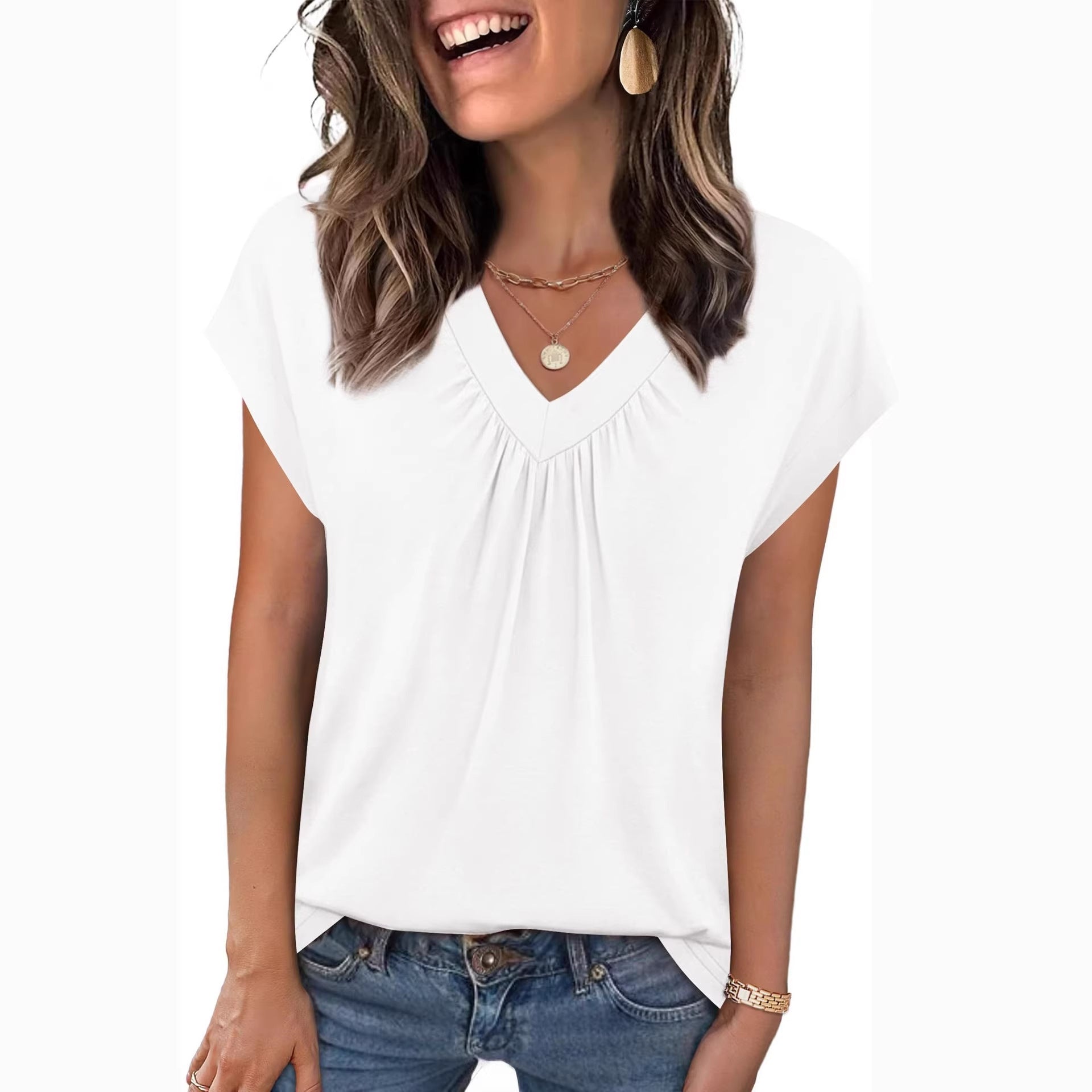 SpringSummer New Solid Color V-Neck Loose Short-Sleeve T-Shirt Top For Women
