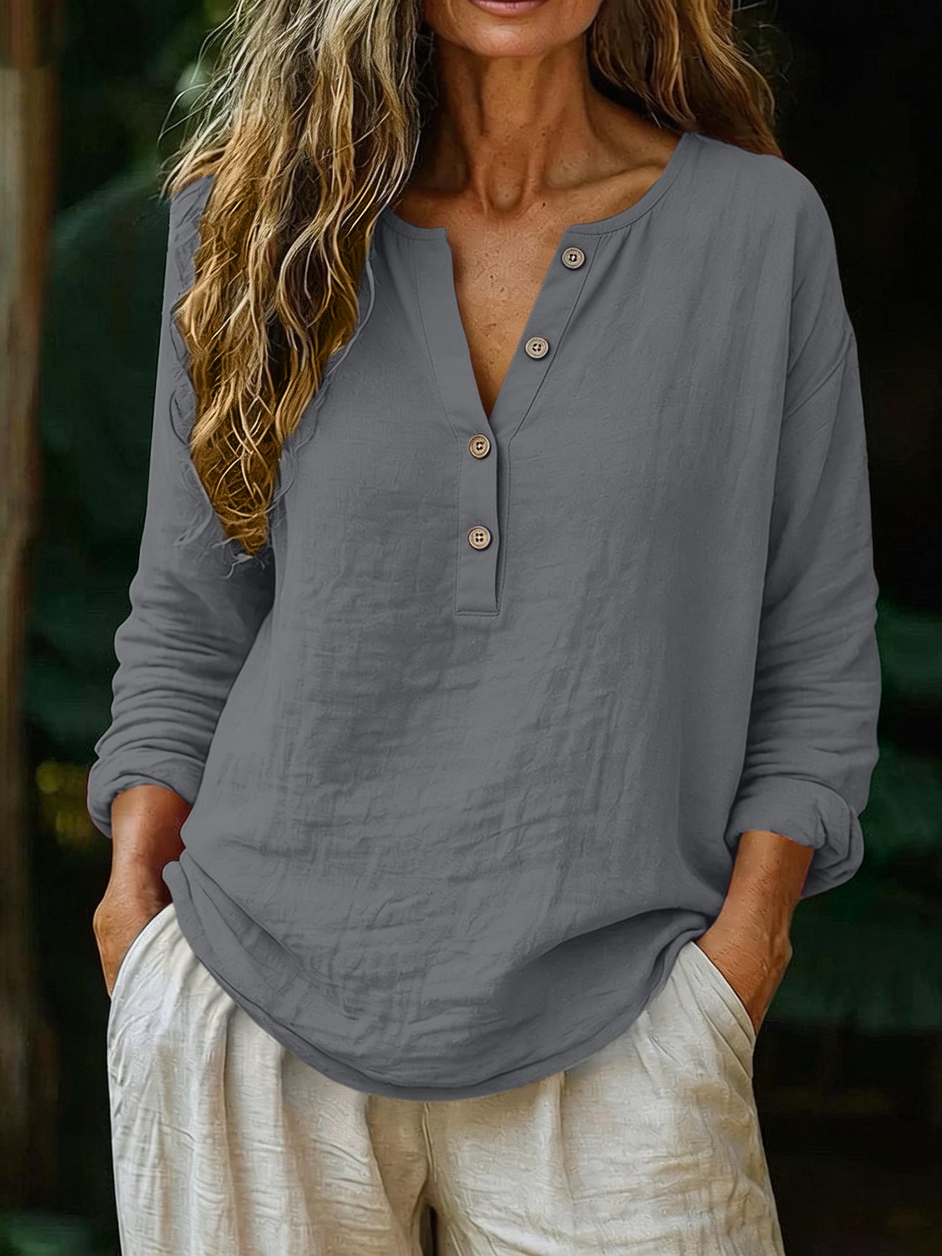 Casual Solid Color Cotton-Linen Long-Sleeve Half-Placket V-Neck