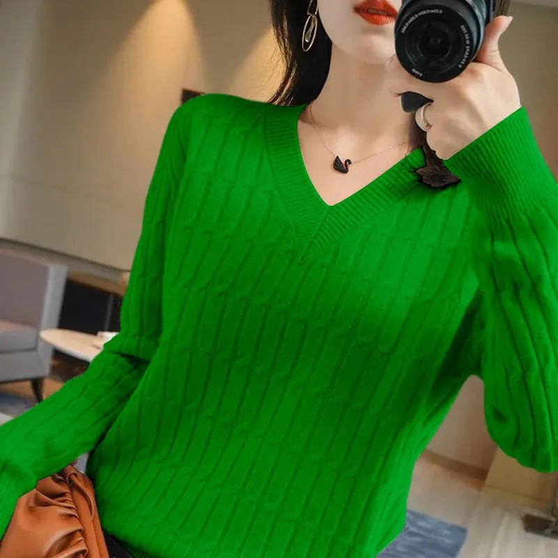 Women's AutumnWinter New V-Neck Solid Color Long-Sleeve Base Shirt