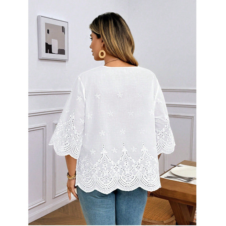 Elegant Commute Embroidered Flared-Sleeve Lace Top Chiffon Blouse