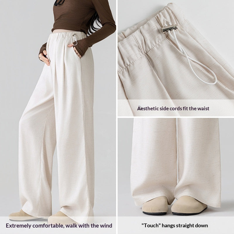 Lightweight Outerwear Belly-Free Lyocell Tencel Linen Drawstring Wide-Leg Pants