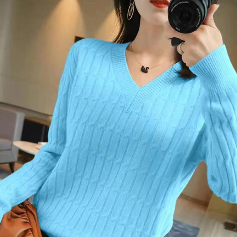 Women's AutumnWinter New V-Neck Solid Color Long-Sleeve Base Shirt