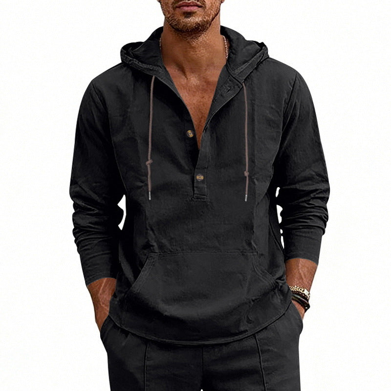 Linen Breathable Casual Mens Long-Sleeve Hooded Shirt