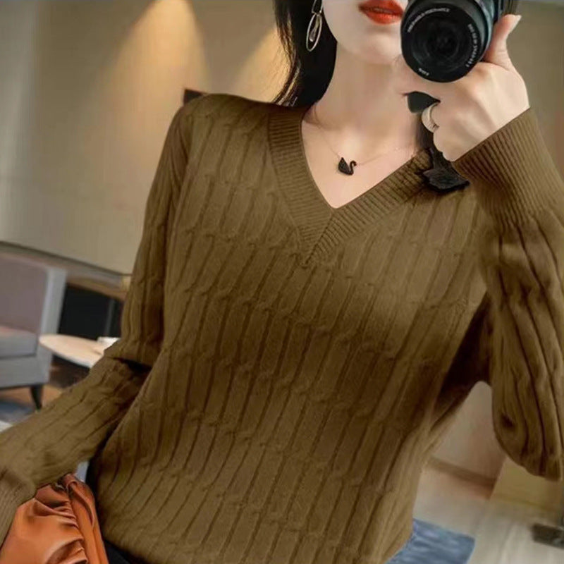 Women's AutumnWinter New V-Neck Solid Color Long-Sleeve Base Shirt