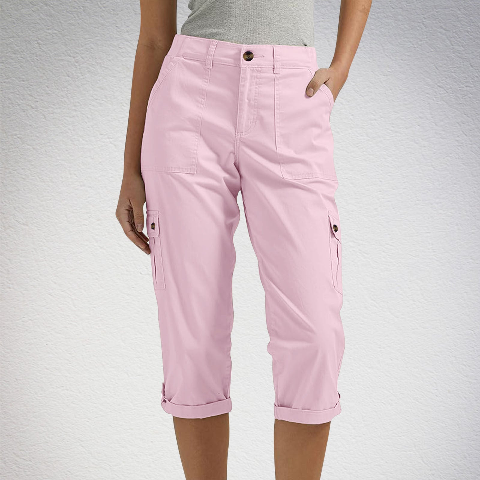 Solid-color Casual Cropped Pants With Multiple Pockets