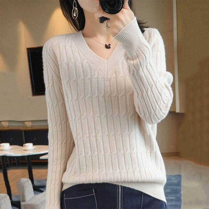 Women's AutumnWinter New V-Neck Solid Color Long-Sleeve Base Shirt