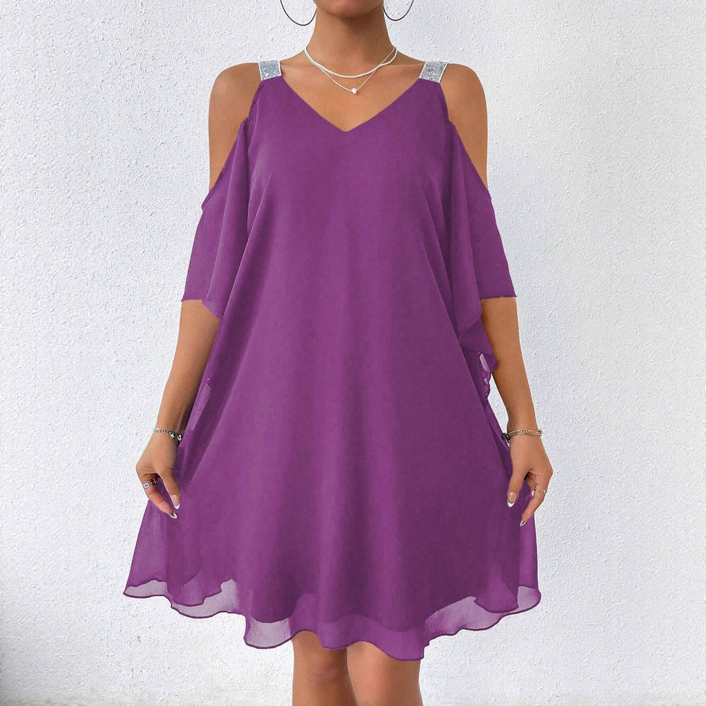 Solid-color V-neck Elegant European And American-style Dress