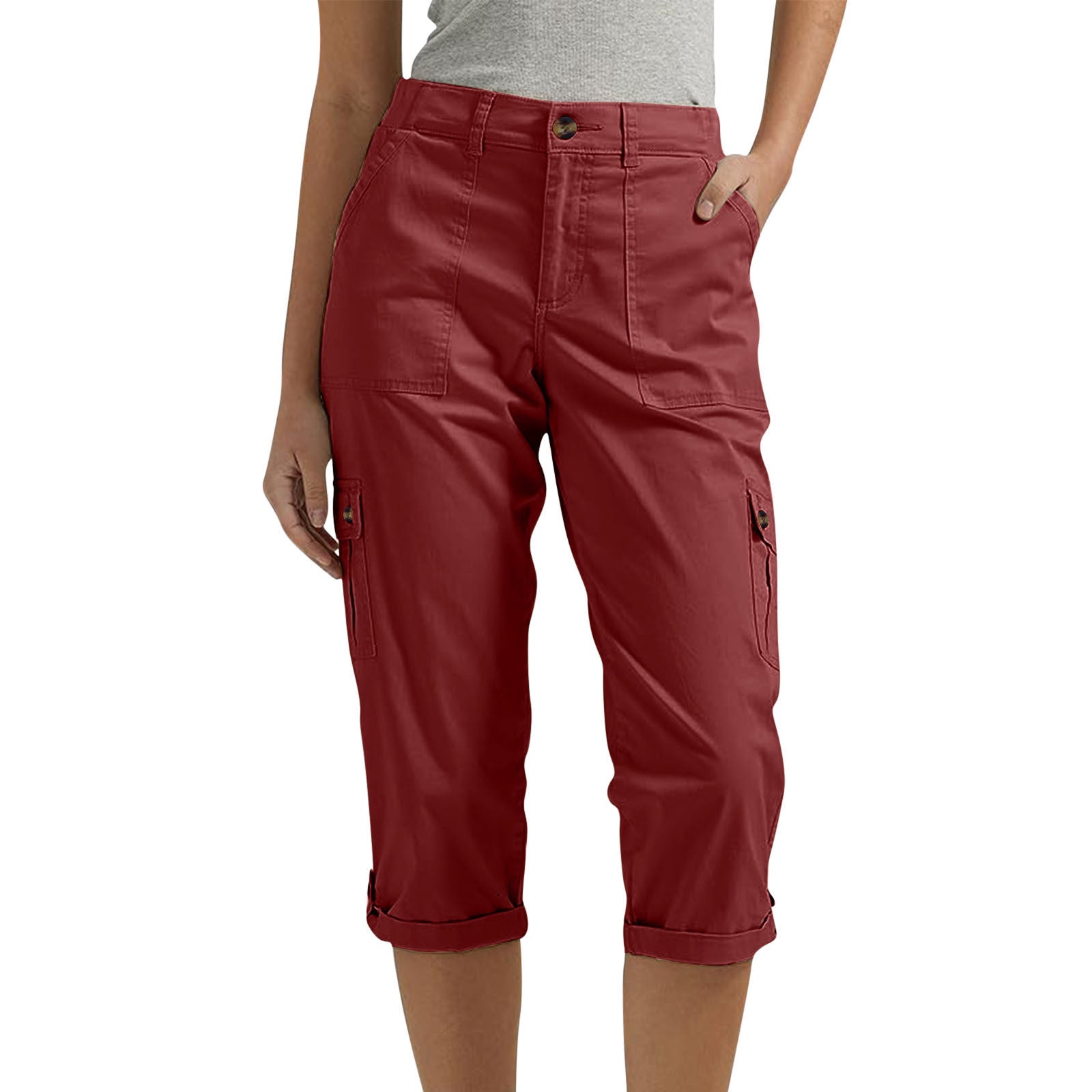 Solid-color Casual Cropped Pants With Multiple Pockets