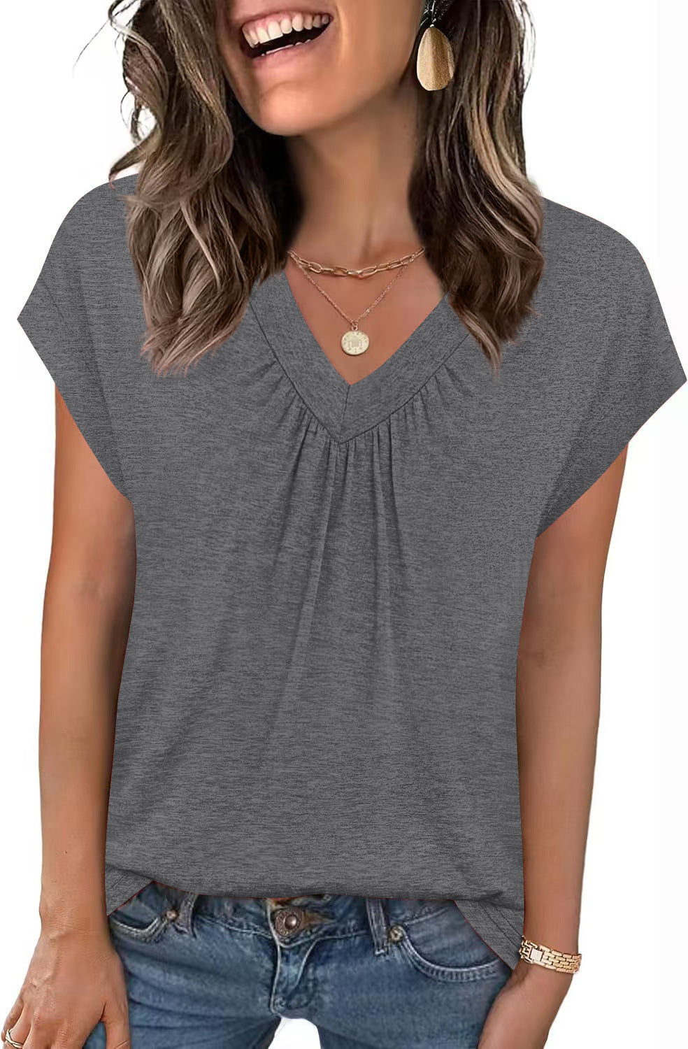 SpringSummer New Solid Color V-Neck Loose Short-Sleeve T-Shirt Top For Women