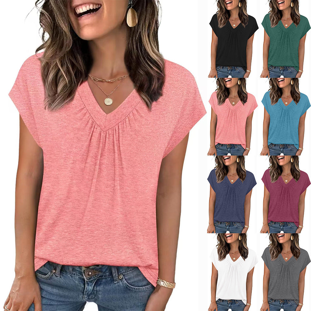 SpringSummer New Solid Color V-Neck Loose Short-Sleeve T-Shirt Top For Women