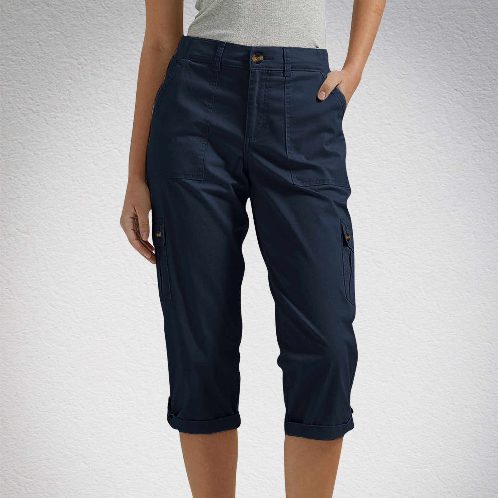 Solid-color Casual Cropped Pants With Multiple Pockets