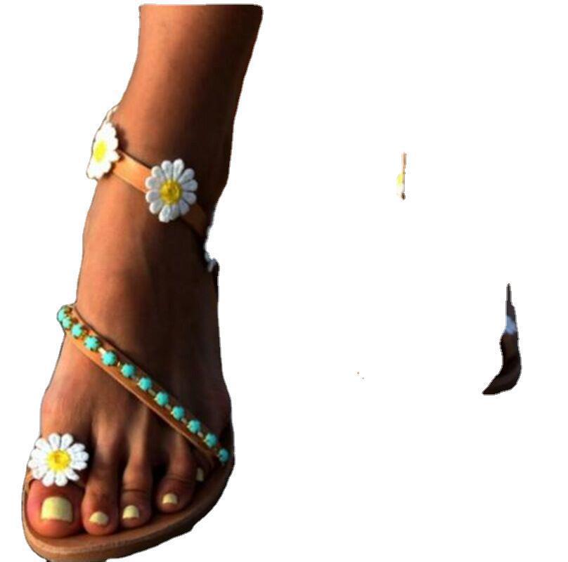 European And American-style Floral Rhinestone Flat Sandals For Women