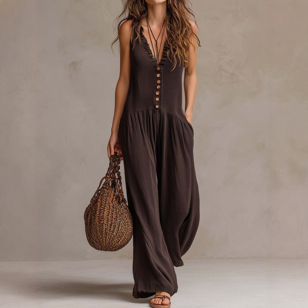 Women's Loose V-Neck Sleeveless Wide-Leg Jumpsuit
