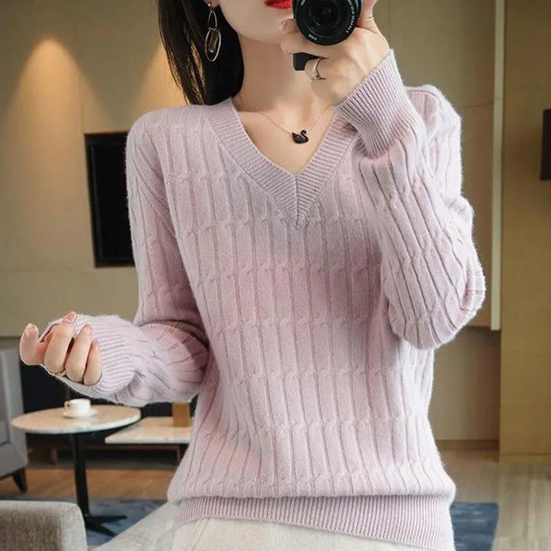 Women's AutumnWinter New V-Neck Solid Color Long-Sleeve Base Shirt