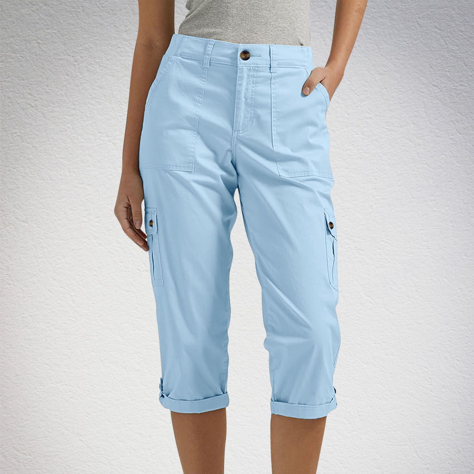 Solid-color Casual Cropped Pants With Multiple Pockets